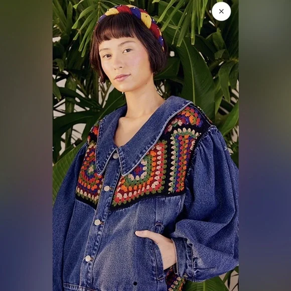 NWT Farm Rio Handmade Crochet Denim Jacket S M - Picture 2 of 7